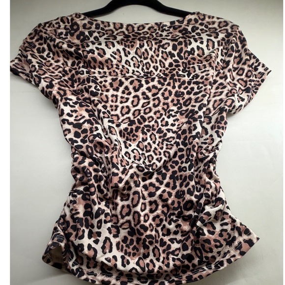 Faded Rose Tops - Faded Rose Leopard Print Ruched Side Square Neck Top Brown Black Large